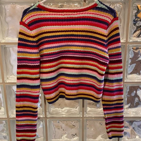 🌈 Forever 21 - Rainbow Striped Cropped Long Sleeve cozy Sweater. Size Large - Picture 2 of 4